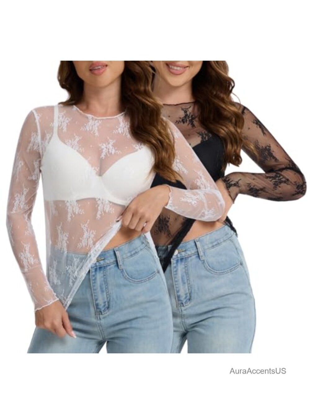 Sheer Lace Long Sleeve Blouse Mock Neck Floral Embroidery